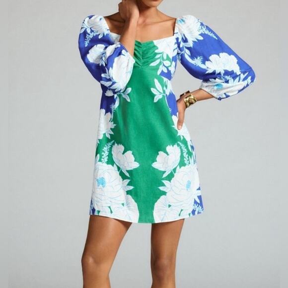 FARM Rio Dresses & Skirts - FARM Rio NWT Soft Garden Linen-Blend Mini Dress Size XS Green Blue